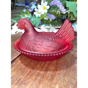 Glass Hen On Nest Candy Dish Ruby